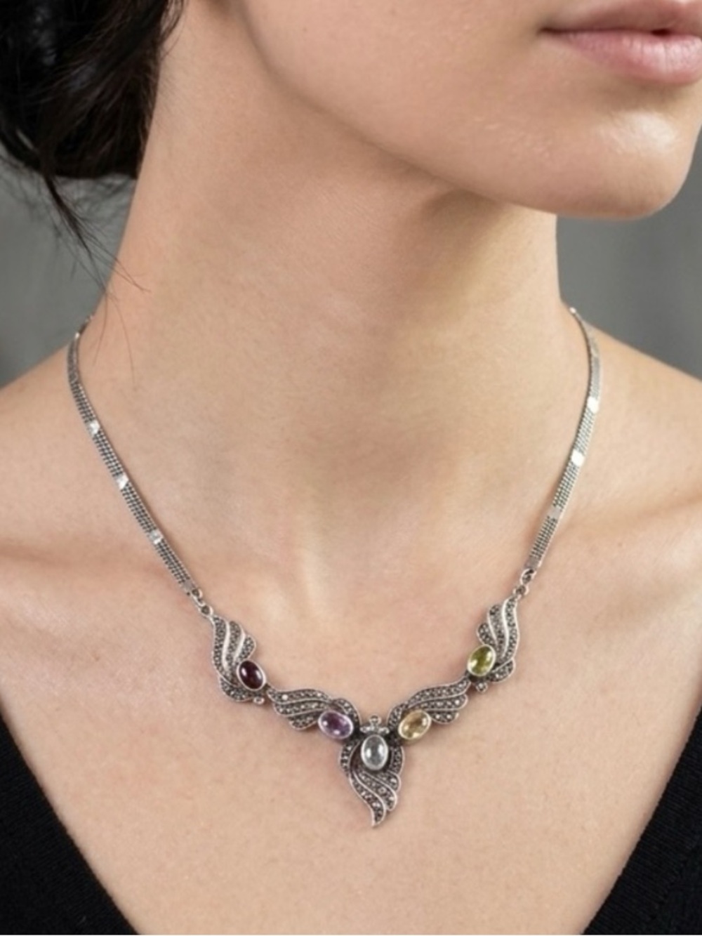 Vintage 925 Sterling Silver Multicolor Gemstone and Marcasite Necklace, 15.5”